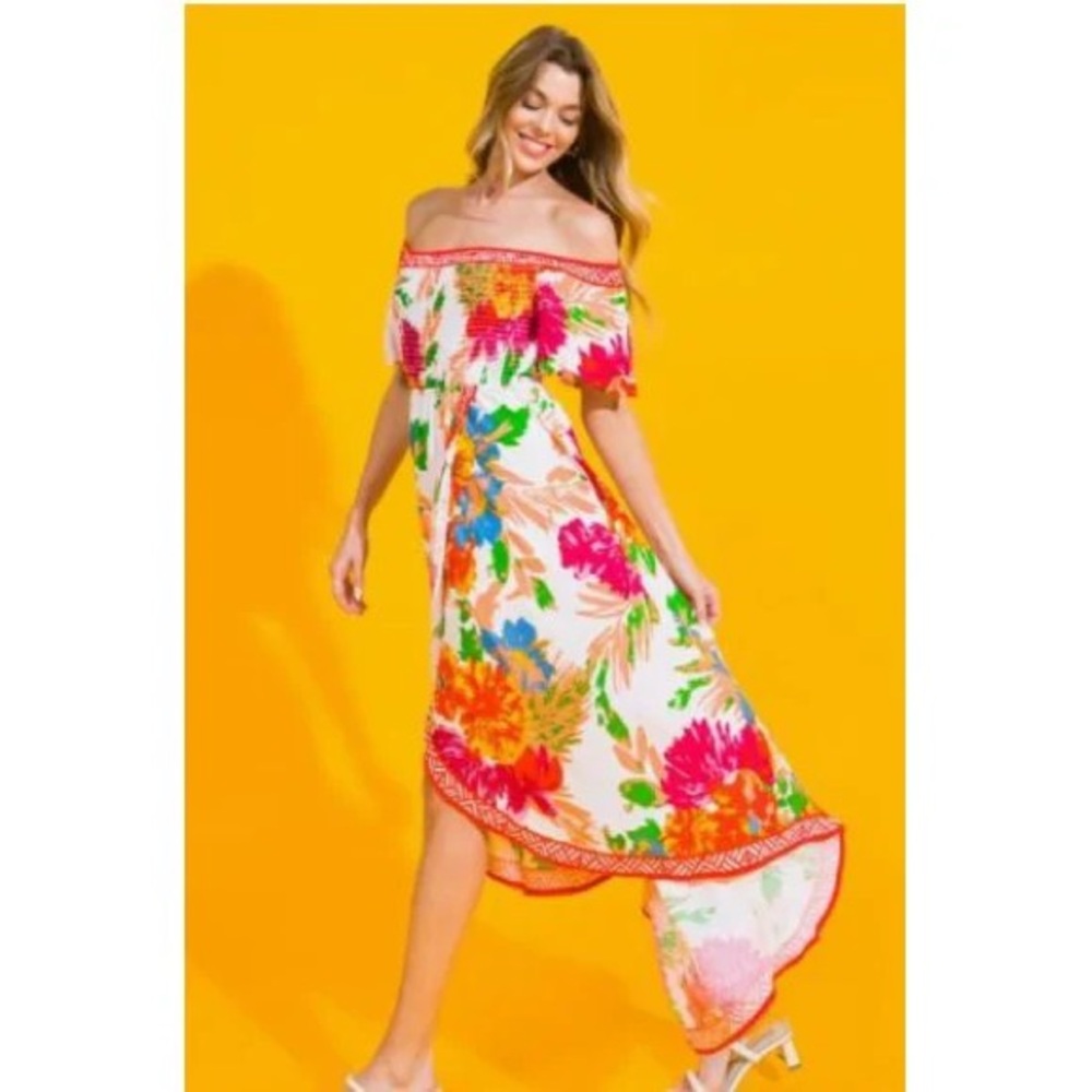 BRAND NEW WITH TAGS Ivory Floral Off Shoulder Hi-Lo Maxi Dress